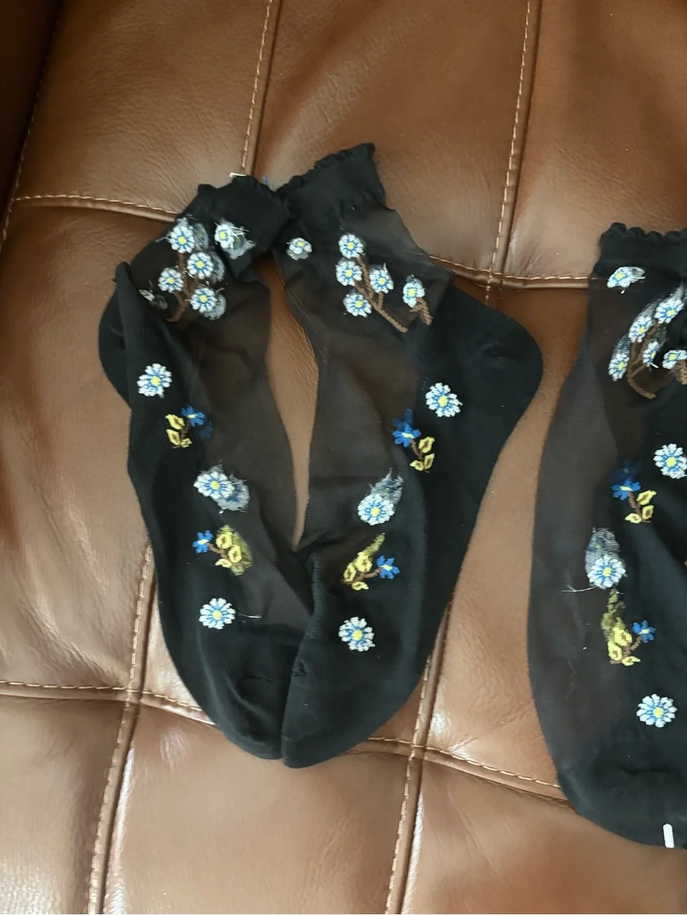 Black Sheer Ankle Socks with Blue Floral Embroidery - Women Accessories